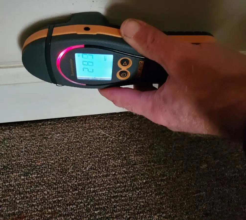 Moisture detection at baseboard during Storm Damage Restoration in Crozet